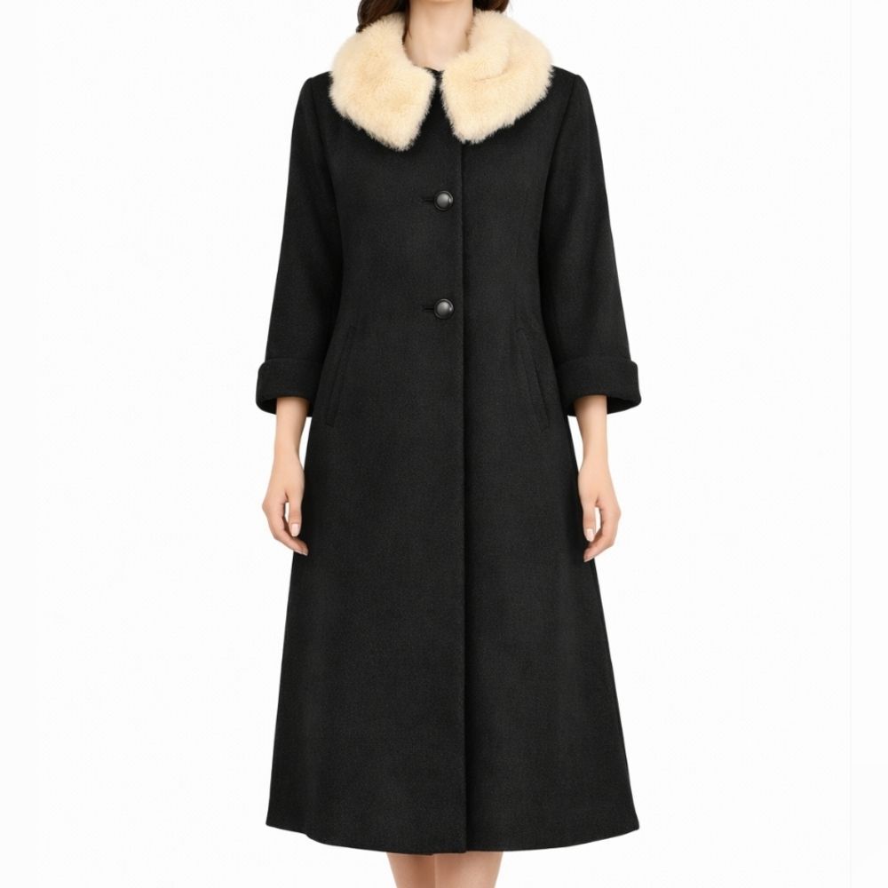 Vintage Black Wool Coat Mink Fur Collar Union Size M/L Made Jackie O 50s 60s